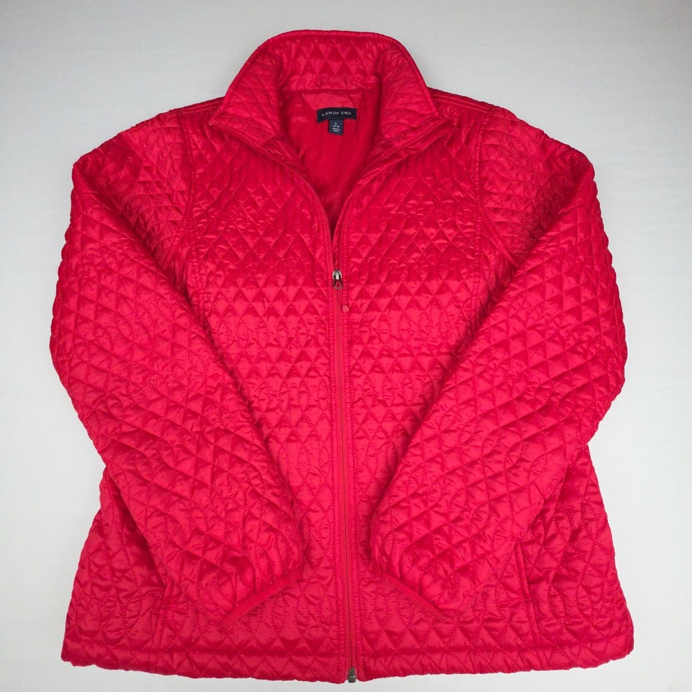 Lands End PrimaLoft Quilted Jacket Women L Red Zip Up Mock Neck 100% Polyester